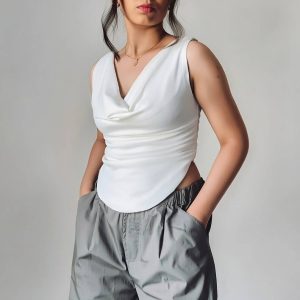 Cowl Neck Draped Crop Top – White Slim Fit