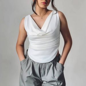 Cowl Neck Draped Crop Top – White Slim Fit