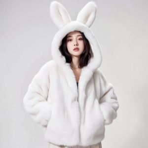 Fuzzy Bear Ear Hooded Jacket – White