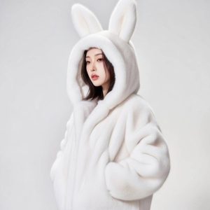 Fuzzy Bear Ear Hooded Jacket – White