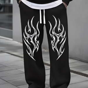 Flame Print Wide Leg Pants – Black