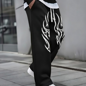 Flame Print Wide Leg Pants – Black