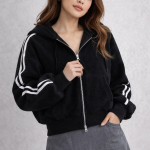 Stripe Sleeve Crop Zip Hoodie – Black