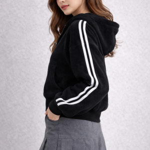 Stripe Sleeve Crop Zip Hoodie – Black